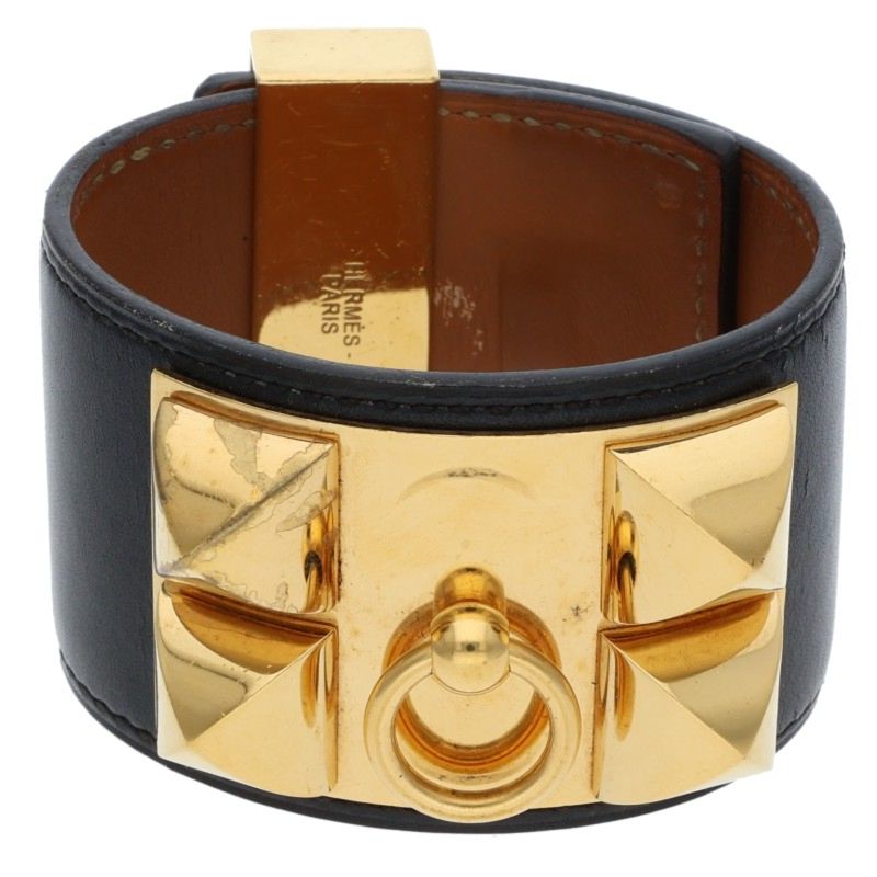 エルメス HERMES 大きさ:S  Collier de Chien □R目じるし コリエドシアンレザーブレスレット(黒いこと×ゴールド 総掛け目107.71g)【514062】【OM10】【小物】【中古】bb205#rinkan*B