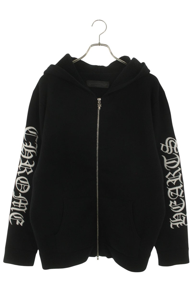クロムハーツ Chrome Hearts 大きさ:L  U LIFE SENTENCE ZIP 固定ディスク 袖ロゴタイプ刺しゅうカシミヤジップアップパーカー(黒いこと×白いこと×しろがね色)【614062】【FK04】【メンズ】【中古】bb177#rinkan*A