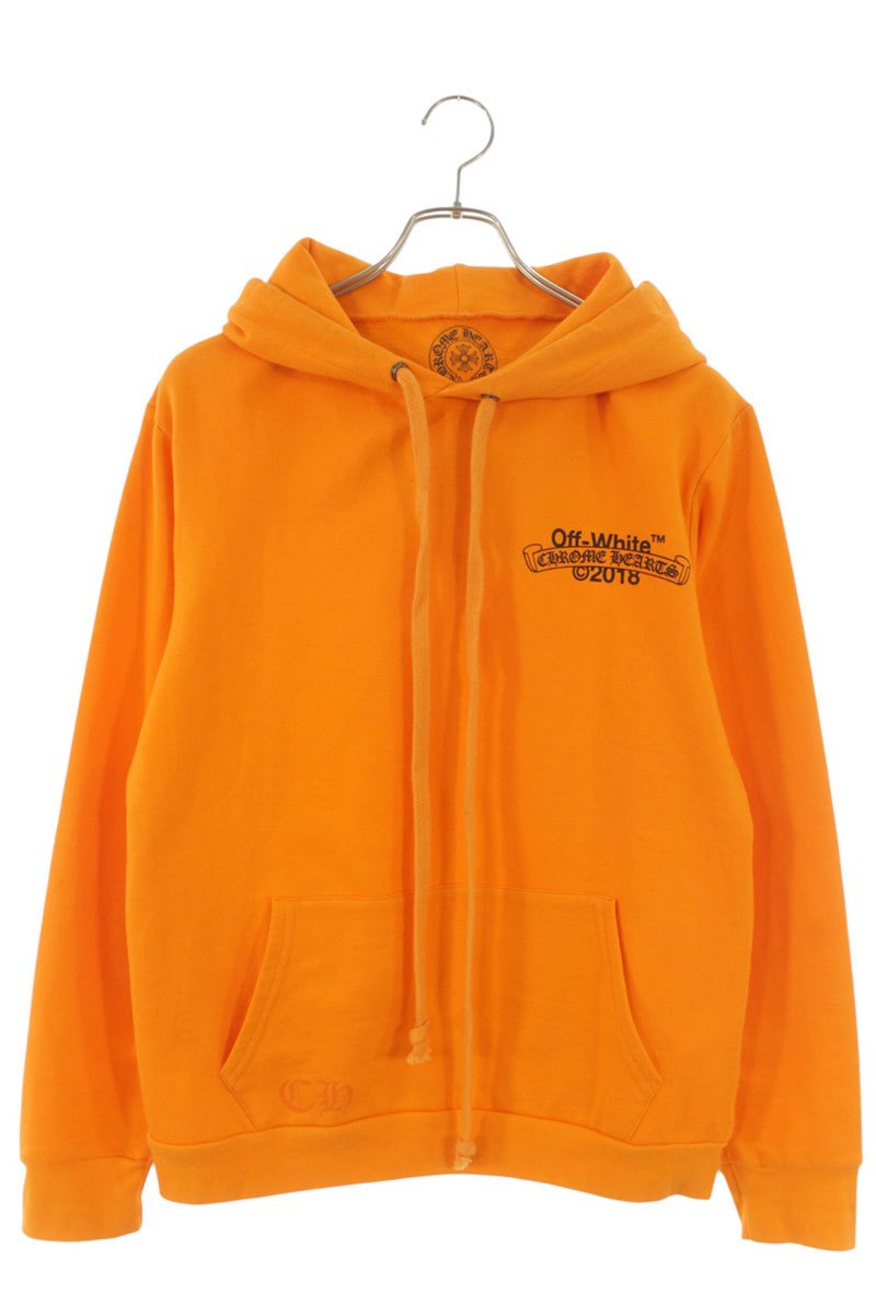 クロムハーツ Chrome Hearts ×象牙色 OFF-WHITE 大いさ:M  固定ディスク PLVR V OFF WHITE オフホワイトロゴバックプリントプルオーバーパーカー(オレンジ色)【924062】【os06】【メンズ】【中古】bb453#rinkan*B