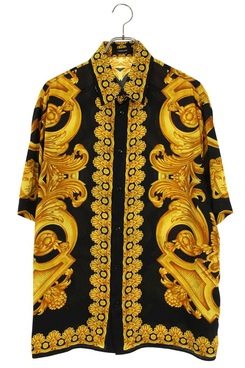 ヴェルサーチェ Versace サイズ:52  1010103 総柄半袖シャツ(イエロー×ブラック)【914062】【BS99】【メンズ】【中古】bb452#rinkan*B