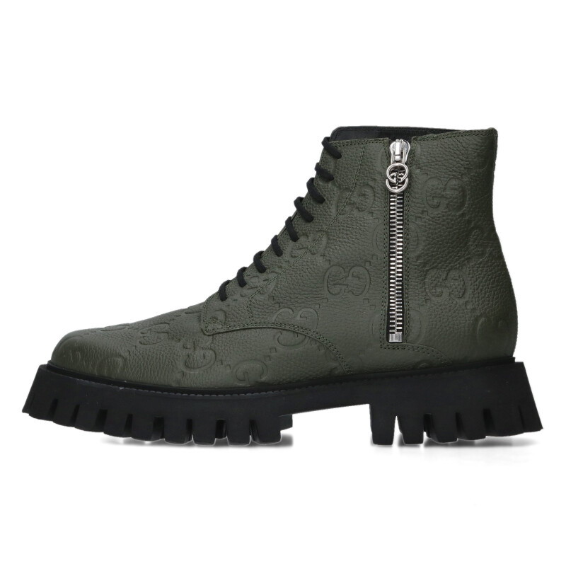 グッチ GUCCI サイズ:11.5 699584 エンボスロゴサイドジップブーツ(カーキ)【624062】【BS99】【メンズ】【小物】【中古】bb315#rinkan*A|RINKAN