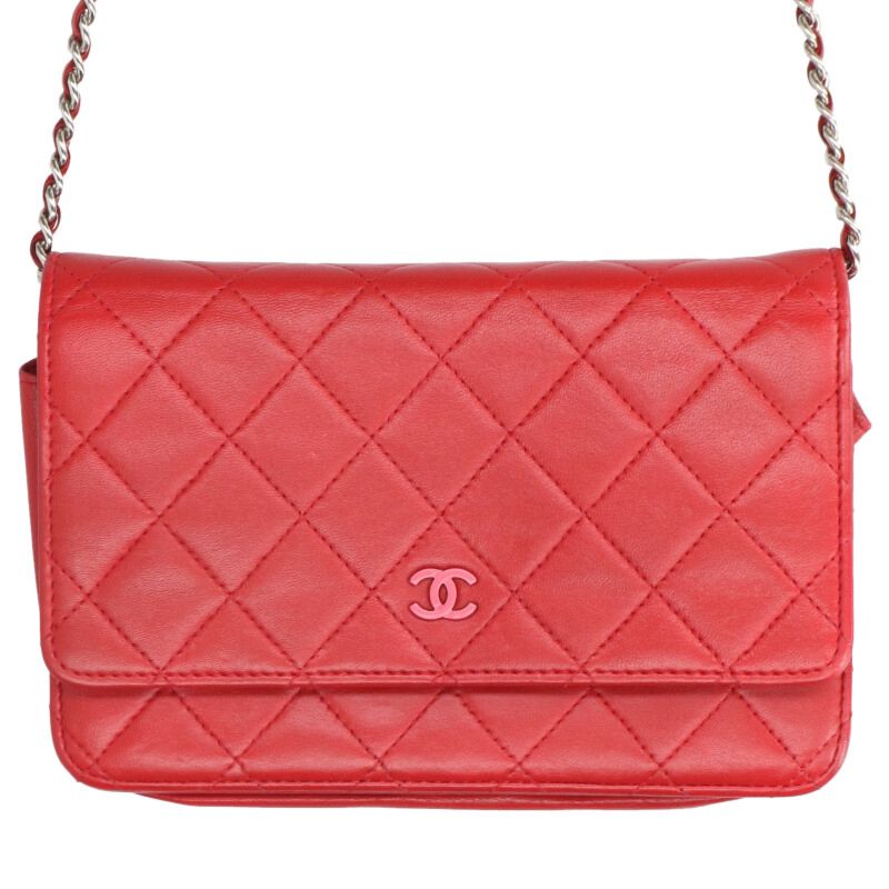 シャネル CHANEL  ラムスキンチェーンウォレット(赤いこと×しろがね色)【106062】【BS99】【小物】【中古】bb334#rinkan*B