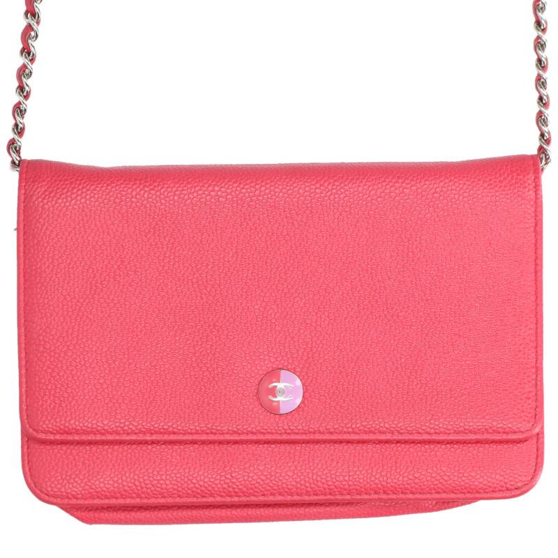 シャネル CHANEL  ココボタンキャビアスキンチェーンウォレット(さくら色×しろがね色)【106062】【BS99】【小物】【中古】bb334#rinkan*B