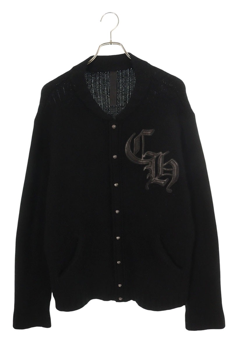 クロムハーツ Chrome Hearts 大きさ:L CHレザーパッチクロスボールボタンニット(黒いこと×しろがね色)【524062】【GZ11】【メンズ】【中古】bb339#rinkan*B