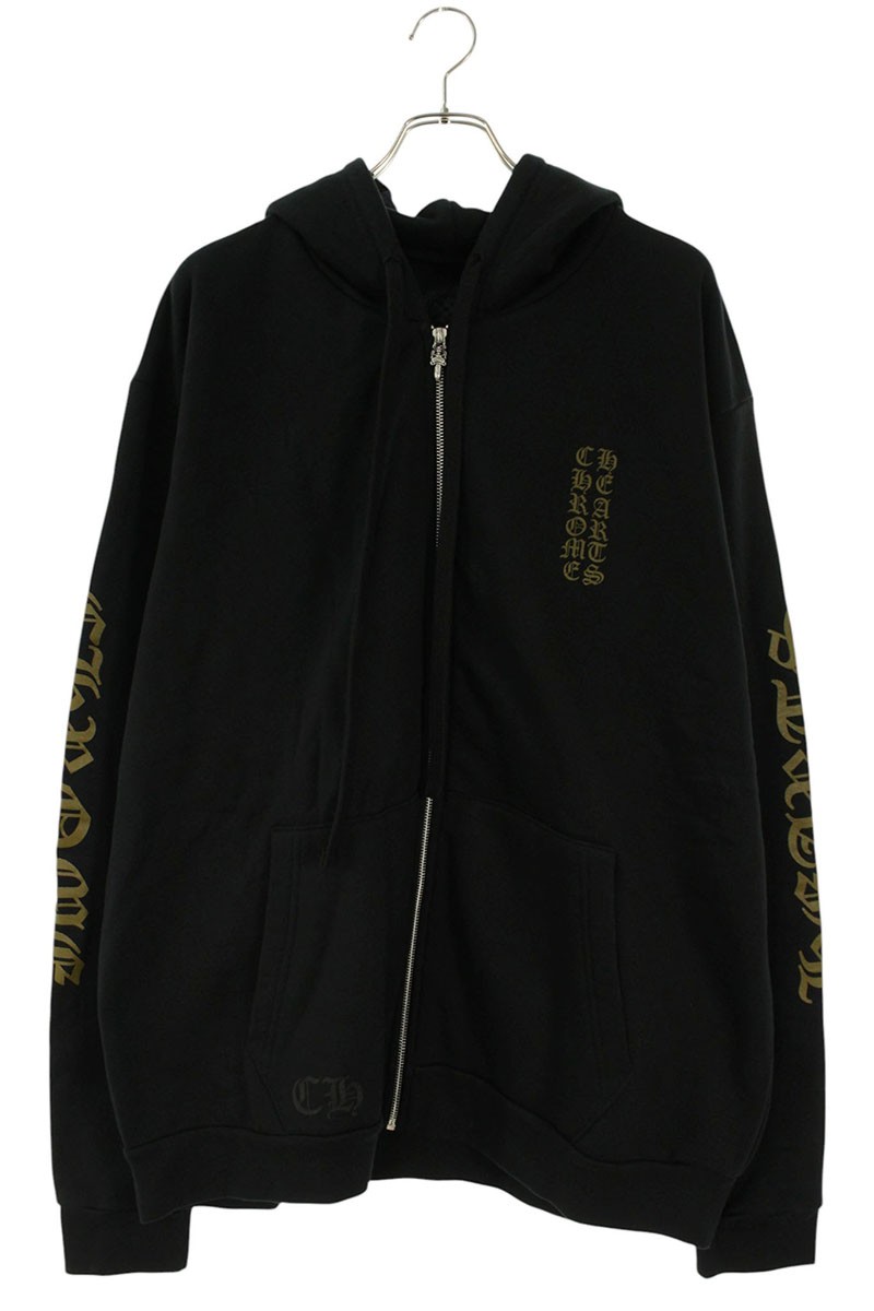 クロムハーツ Chrome Hearts 大いさ:XL  SWTSHRT 固定ディスク ZIP アームロゴプリントジップアップパーカー(黒いこと×カーキ×しろがね色)【624062】【GZ11】【メンズ】【中古】bb448#rinkan*S