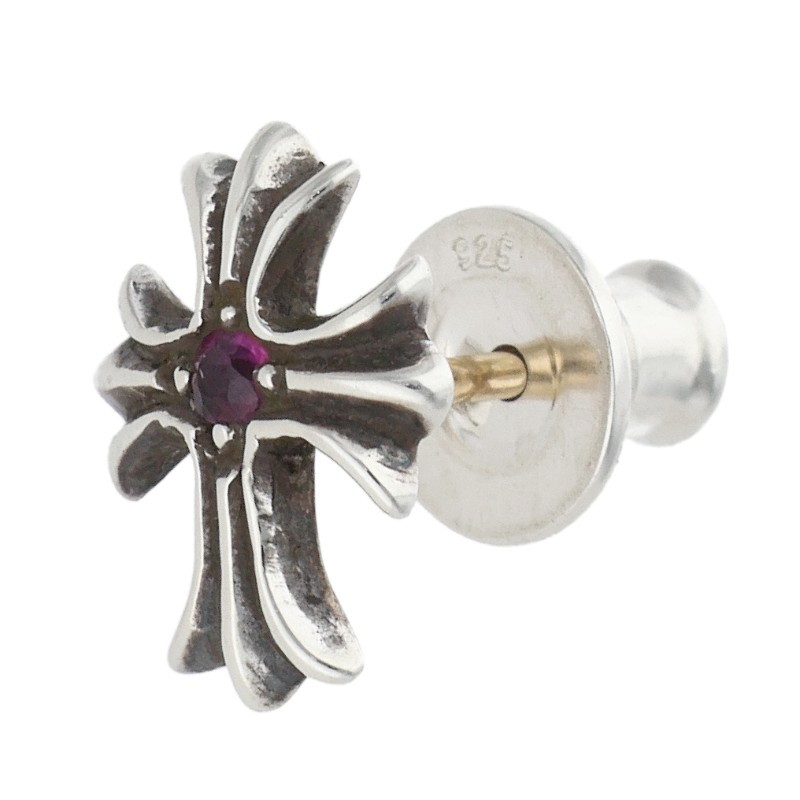 クロムハーツ Chrome Hearts   No2 CH PLS CRS  CHクロススタッド 1サファイア 1サクラ色サファイア しろがね色ピアス(しろがね色×サクラ色 0.72g)【824062】【SS07】【小物】【中古】bb377#rinkan*B