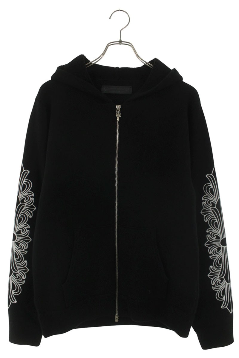 クロムハーツ Chrome Hearts 大きさ:S  U LIFE SENTENCE 固定ディスク ZIP 袖フローラル刺しゅうカシミヤジップアップパーカー(黒いこと×白いこと×しろがね色)【824062】【聞き入れる15】【メンズ】【中古】bb187#rinkan*A