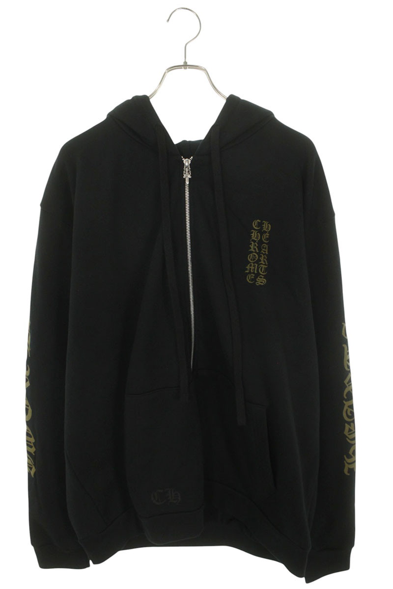 クロムハーツ Chrome Hearts 大きさ:XL  SWTSHRT 固定ディスク ZIP 袖ロゴプリントジップアップパーカー(黒いこと×カーキ×しろがね色)【924062】【SS13】【メンズ】【中古】bb30#rinkan*S