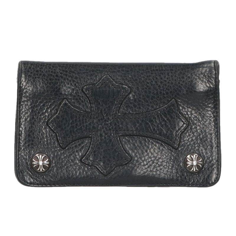 クロムハーツ Chrome Hearts   1ZIP CROSS PATCH 1ジップ はりつけ台継ぎ切れ付き添い人クロスボタンレザーウォレット金入れ(黒いこと×しろがね色)【205062】【FK04】【小物】【中古】bb476#rinkan*C
