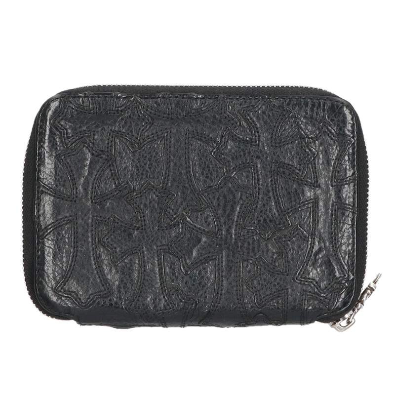クロムハーツ Chrome Hearts   BANK ROBBER CEM LOADED バンクローバー セメタリークロスラウンドジップレザーウォレット金入れ(黒いこと×しろがね色)【205062】【FK04】【小物】【中古】bb476#rinkan*C
