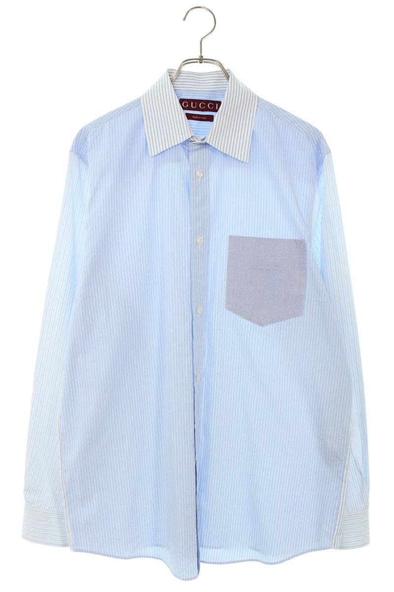 グッチ GUCCI　サイズ:44 25AW 833267 Z7SPT エンボスロゴストライプ長袖シャツ(ブルー調)【705062】【OM10】【メンズ】【中古】bb339#rinkan*B｜RINKAN