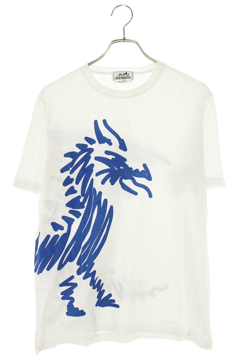 エルメス HERMES　サイズ:M ドラゴンプリントTシャツ(ホワイト&times;ブルー)【405062】【BS99】【メンズ】【中古】bb356#rinkan*B｜RINKAN