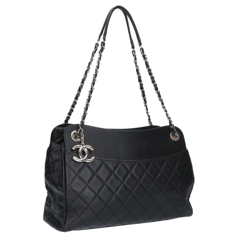 シャネル CHANEL  ラムスキンチェーントートバッグ(黒いこと×しろがね色)【405062】【OM10】【小物】【中古】bb30#rinkan*B