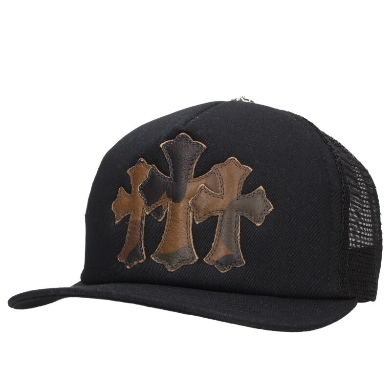 クロムハーツ Chrome Hearts　 TRUCKER CAP トラッカーキャップ 3セメタリーレザーパッチメッシュ帽子(ブラック&times;カーキ)【605062】【SJ02】【小物】【中古】bb339#rinkan*B ｜RINKAN