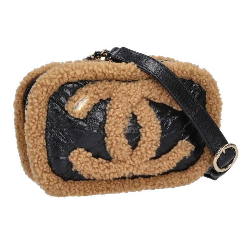 シャネル CHANEL  ココマーク シアリングムートン ベルトボディバッグ(黒いこと×赤銅色)【605062】【SB01】【小物】【中古】bb356#rinkan*B
