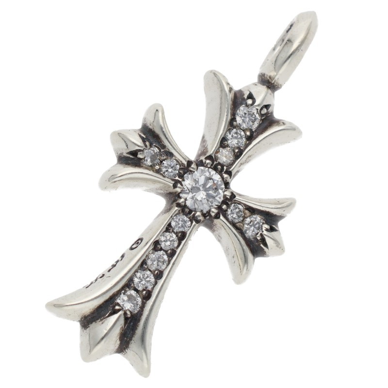 クロムハーツ Chrome Hearts　 TNY CRSF P DMND タイニーファットクロス PAVEダイヤ ペンダント シルバーネックレストップ(シルバー&times;クリア 6.57g)【905062】【SJ02】【小物】【中古】bb326#rinkan*A ｜RINKAN
