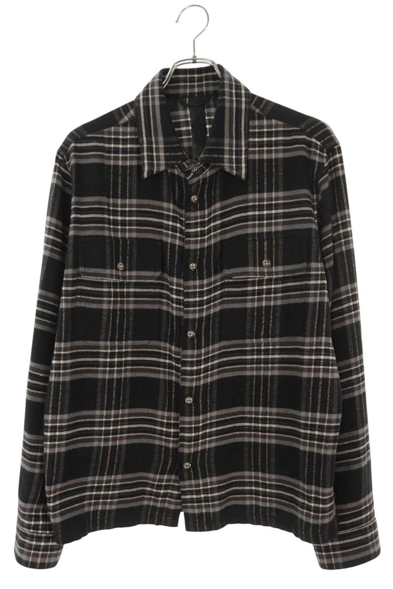 クロムハーツ Chrome Hearts 大きさ:M  WORK DOG クロスボールボタンチェック長袖プルオーバー(黒いこと×しろがね色)【905062】【GZ11】【メンズ】【中古】bb437#rinkan*B