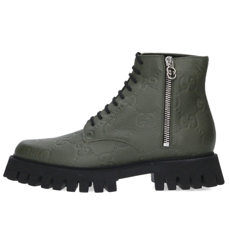 グッチ GUCCI 大きさ:11.5  699584 GGエンボスサイドジップレザーブーツ(黒いこと)【106062】【BS99】【メンズ】【小物】【中古】bb380#rinkan*S