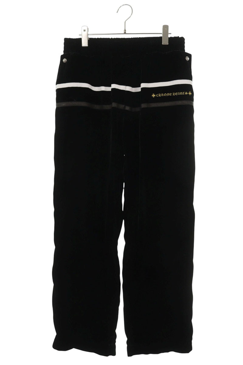 クロムハーツ Chrome Hearts 大きさ:L  VELVET TRACKSUIT PANTS ロゴタイプ刺しゅうベロアトラックロングパンツ(黒いこと×しろがね色)【215062】【HJ12】【メンズ】【中古】bb376#rinkan*S