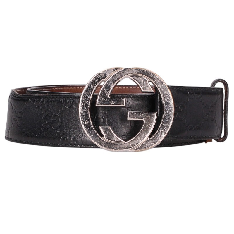 グッチ GUCCI 大きさ:85  411924 インターロッキングGなめし革胴締め(黒いこと×しろがね色)【206062】【BS99】【小物】【中古】bb466#rinkan*C