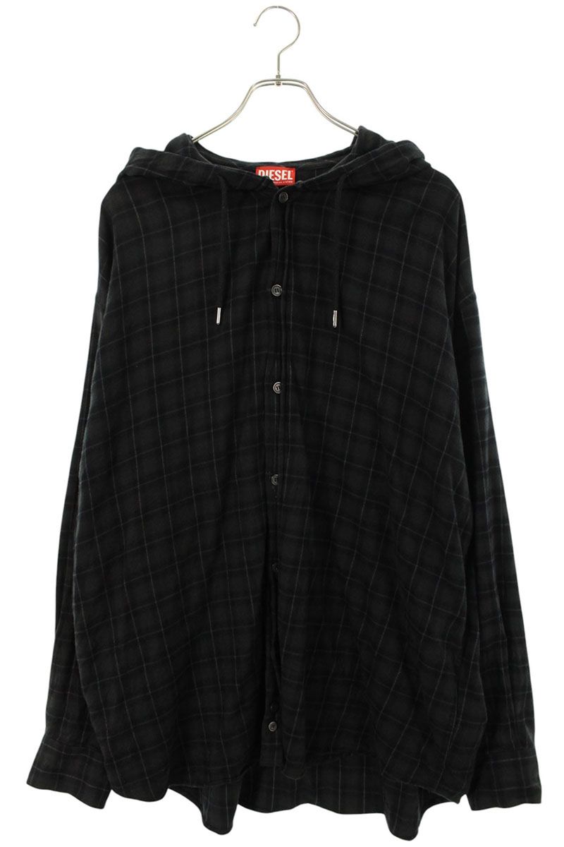 ディーゼル DIESEL　サイズ:46 S-DEWNY-HOOD-B チェック柄フード長袖シャツ(ダークグレー調)【415062】【BS99】【メンズ】【中古】bb380#rinkan*C｜RINKAN