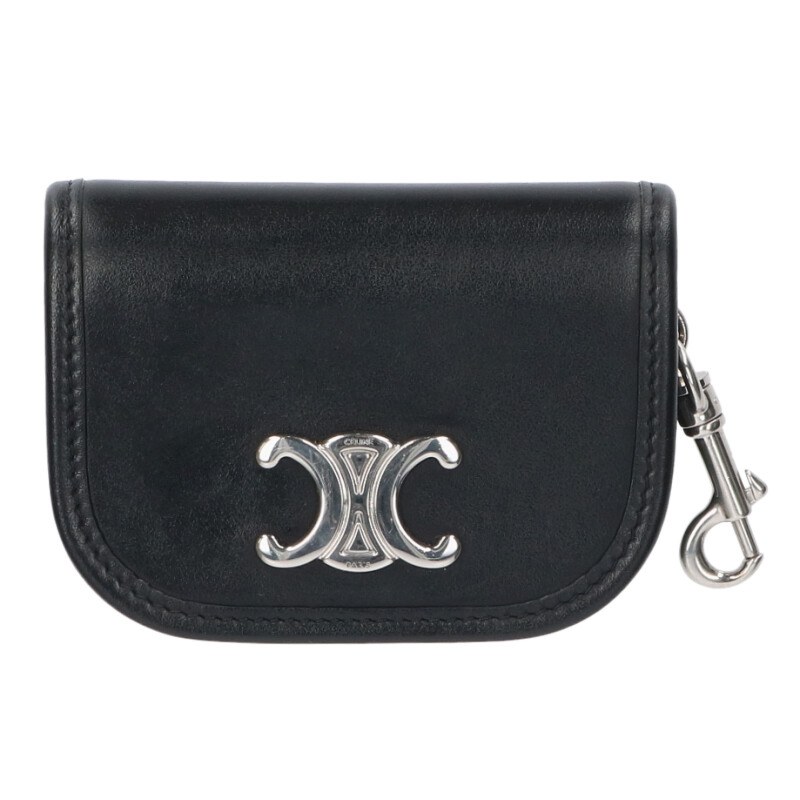セリーヌ CELINE   ナノ ブザス CEL10P403DQ1 トリオンフシャイニーカーフスキンキーリングカードケース(黒いこと×しろがね色)【306062】【BS99】【小物】【中古】bb30#rinkan*A