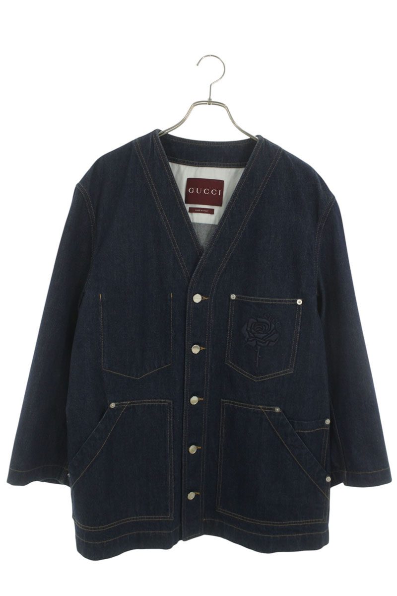 グッチ GUCCI サイズ:50 811612 XDC6V ローズ刺繍カバーオールノーカラーデニムジャケット(インディゴ)【515062】【SB01】【メンズ】【中古】bb523#rinkan*A|RINKAN