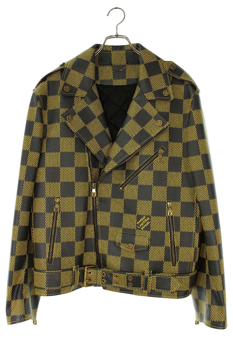 ルイヴィトン LOUISVUITTON 大きさ:50  24SS  RM241 BQV HQL61E ダミエ総柄ダブルライダースレザージャケット(黄色調)【715062】【SB01】【メンズ】【中古】bb356#rinkan*A