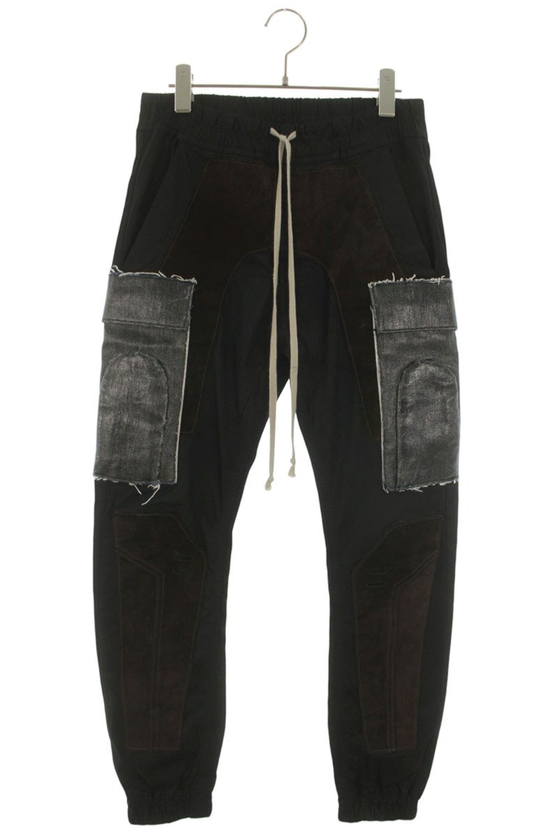 リックオウエンス Rick Owens 大きさ:46  RR19F4304-電話機9 ラリーカーゴレザーパッチロングパンツ(黒いこと×赤銅色)【915062】【SB01】【メンズ】【中古】bb356#rinkan*B