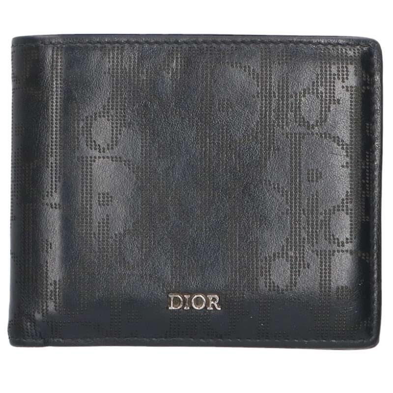 クリスチャンディオール DIOR   10-BO-0251 パンチングオブリーク2つ折りなめし革銭入れ(黒いこと)【706062】【BS99】【小物】【中古】bb453#rinkan*B