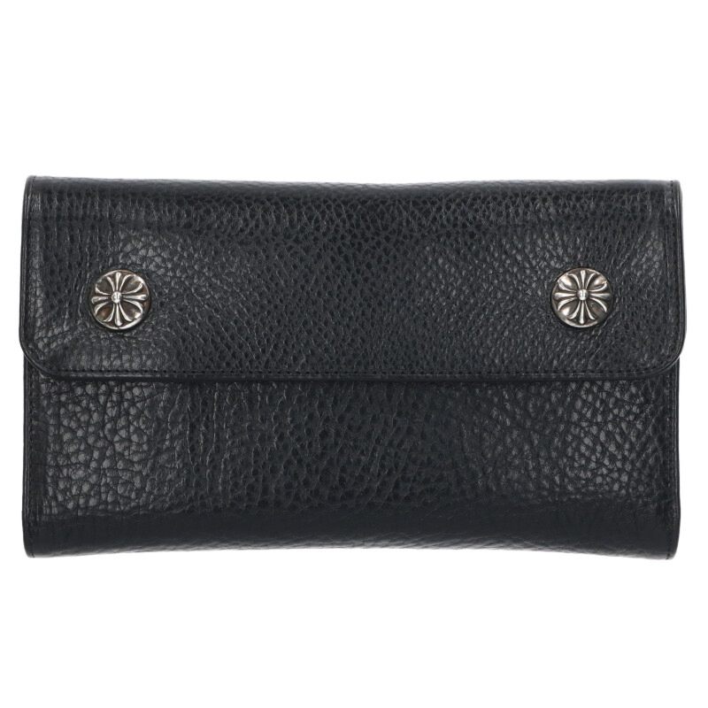 クロムハーツ Chrome Hearts　 WAVE CROSS BALL ウェーブ クロスボールボタンレザーウォレット財布(ブラック&times;シルバー)【225062】【NO05】【小物】【中古】bb488#rinkan*S｜RINKAN 234,383円