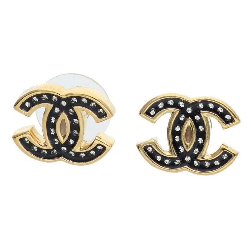 シャネル CHANEL　 ココマークラインストーン装飾ピアス(ゴールド&times;ブラック&times;クリア 総重量5.7g)【625062】【OM10】【小物】【中古】bb384#rinkan*A｜RINKAN
