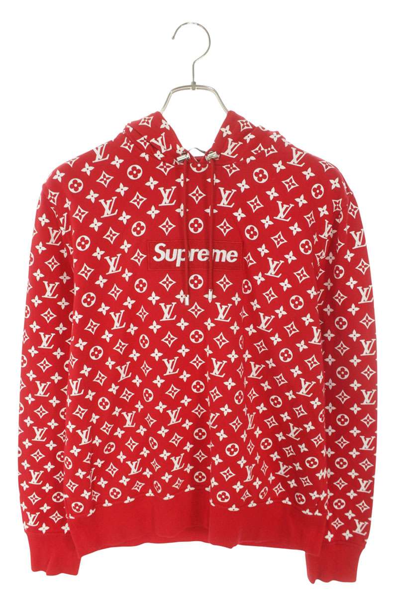 シュプリーム ルイヴィトン SUPREME LOUISVUITTON 大いさ:S  17AW LV Box Logo Hooded Sweatshirt モノグラムボックスロゴプルオーバーパーカー(赤いこと×白いこと)【525062】【OM10】【メンズ】【中古】bb450#rinkan*A