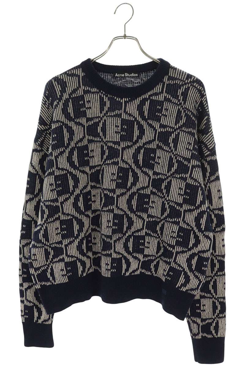 アクネストゥディオズ ACNE STUDIOS 大きさ:S  FA-UX-KNIT000083 フェイスモチーフジャガードクルーネックニット(米国海軍×白いこと)【525062】【BS99】【メンズ】【レディース】【中古】bb378#rinkan*A