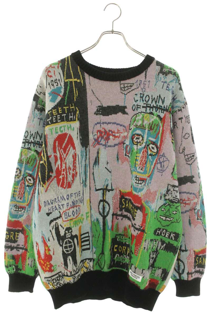 ワコマリア WACKO MARIA 大きさ:L  JEAN-MICHEL BASQUIAT MOHAIR KNIT バスキア総柄モヘアクルーネックニット(マルチ色合い)【725062】【BS99】【メンズ】【中古】bb411#rinkan*B