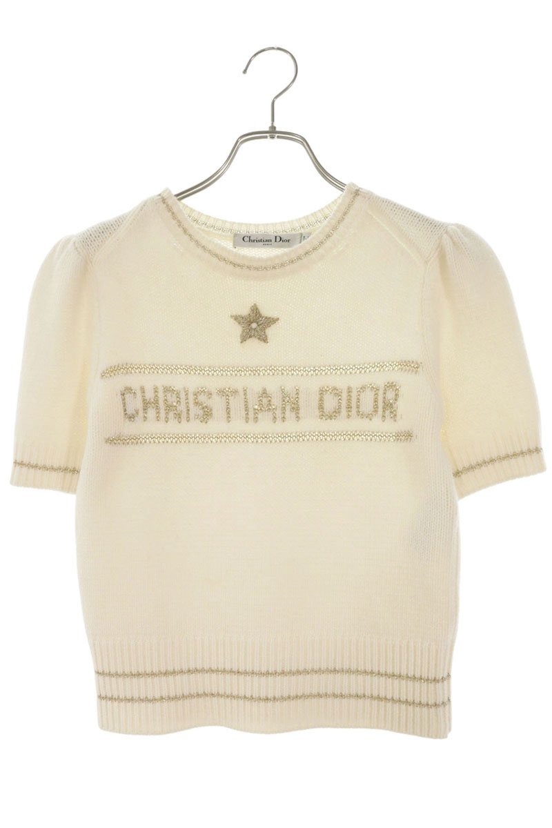 ディオール Christian Dior 大きさ:34  514S09G3050 ロゴタイプ はやりっ児刺しゅう 半袖編み物ティーシャツ(象牙色×ゴールド)【035062】【BS99】【レディース】【中古】bb87#rinkan*B