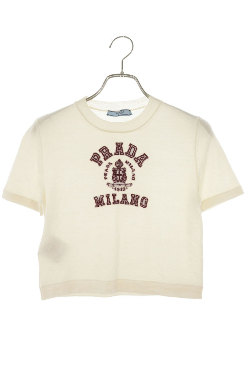 プラダ PRADA　サイズ:36 P24M2M ウール インターシャ ロゴ 半袖ニットTシャツ(オフホワイト)【035062】【BS99】【レディース】【中古】bb87#rinkan*B｜RINKAN