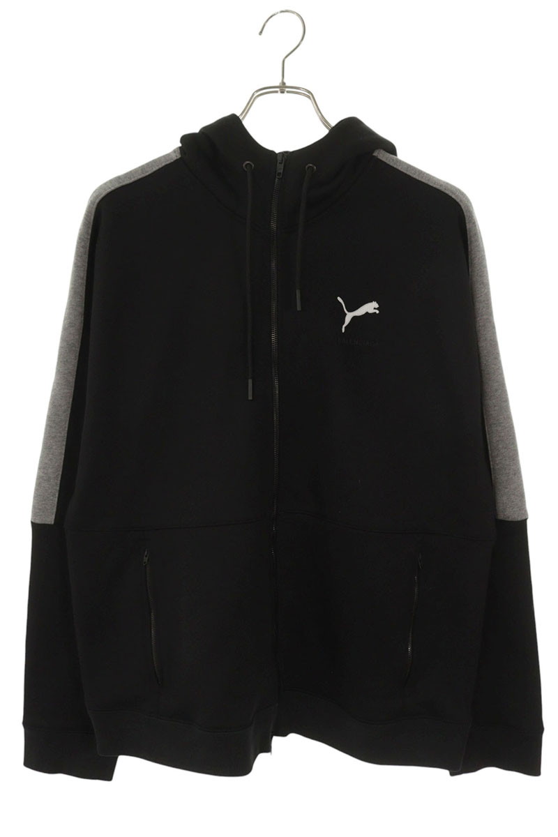 バレンシアガ BALENCIAGA ×ピューマ PUMA 大きさ:XL  846912 TTVB4 ロゴタイプ刺しゅうジップアップパーカー(黒いこと×薄墨色)【725062】【SB01】【メンズ】【中古】bb78#rinkan*A