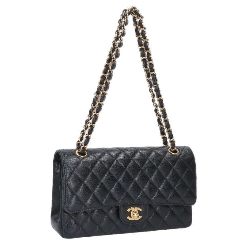 シャネル CHANEL　サイズ:25 マトラッセ25 G金具キャビアスキン Wフラップチェーンショルダーバッグ(ブラック&times;ゴールド)【725062】【GZ14】【小物】【中古】bb328#rinkan*B ｜RINKAN