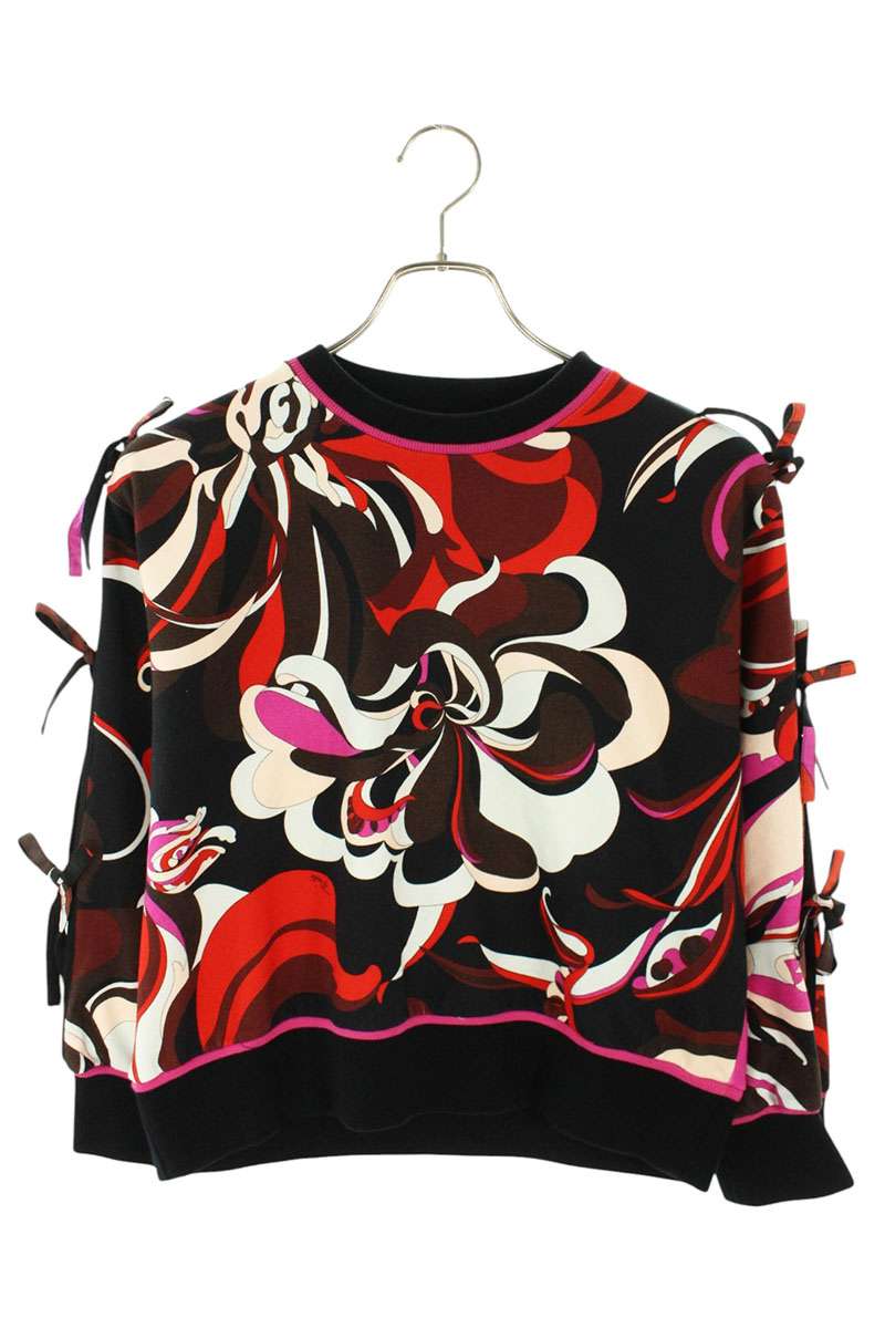 エミリオプッチ EMILIO PUCCI 大きさ:S  81JP15 フローラル総柄リボンデザインクルーネックスウェット(黒いこと×サクラ色調)【106062】【BS99】【レディース】【中古】bb411#rinkan*B