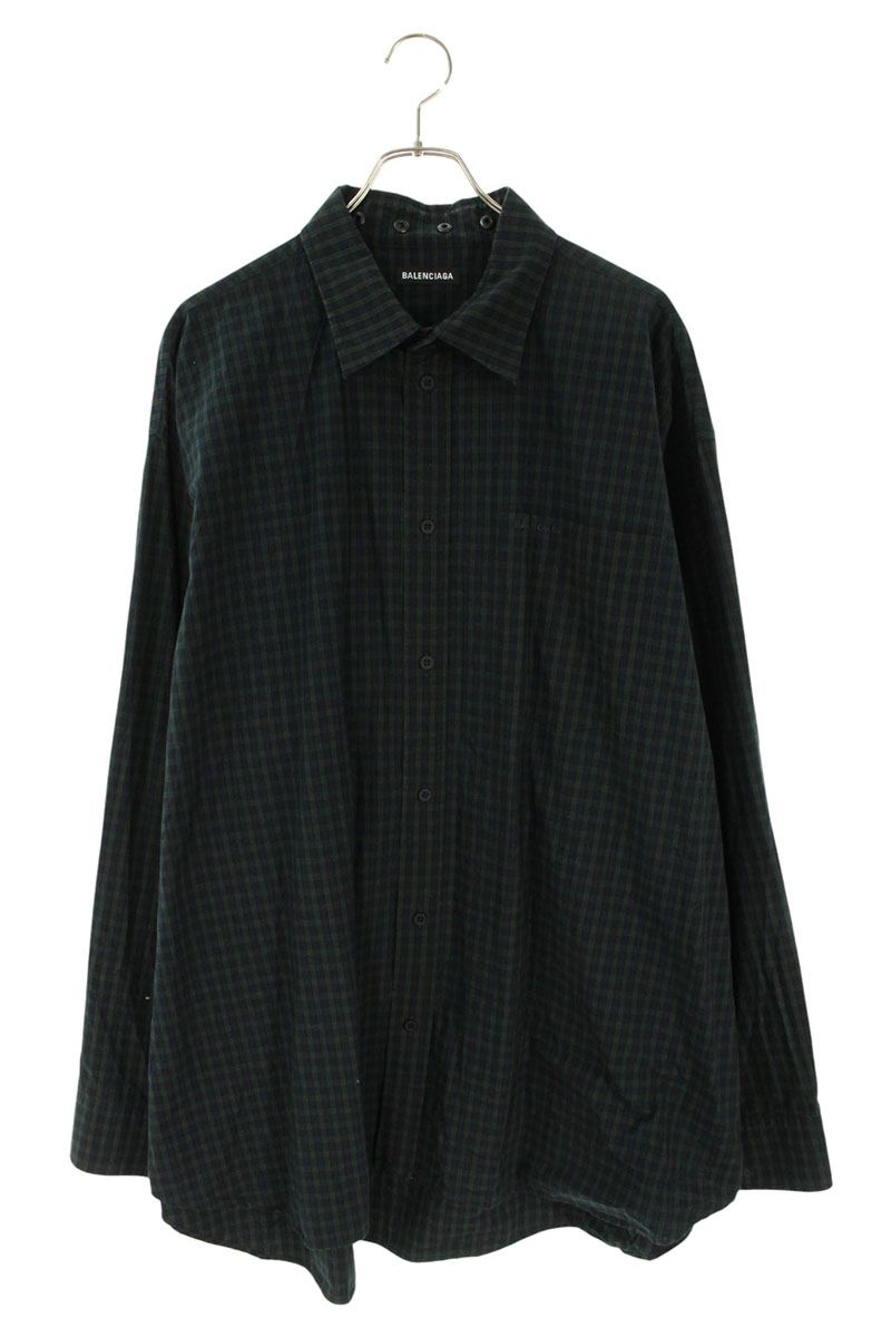 バレンシアガ BALENCIAGA サイズ:38 681007 TCM02 ロゴ刺繍スナップボタンチェック長袖シャツ(グリーン調)【306062】【BS99】【メンズ】【中古】bb455#rinkan*B|RINKAN