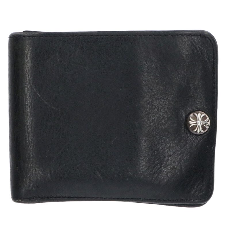 クロムハーツ Chrome Hearts   1SNAP 1隙間 クロスボタンレザーウォレット銭入れ(黒いこと×しろがね色)【206062】【NO05】【小物】【中古】bb334#rinkan*B