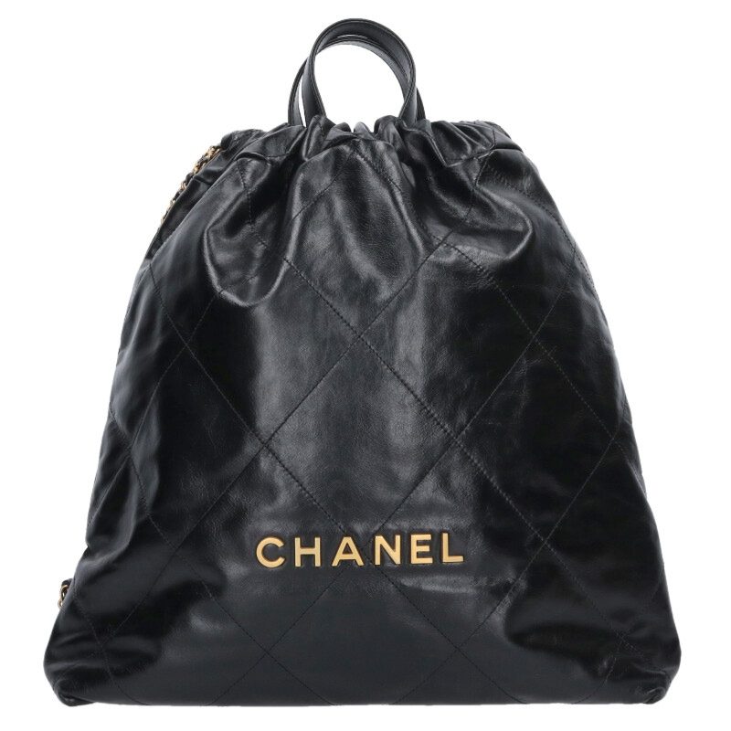 シャネル CHANEL   AS3313 シャネル22 ラージ シャイニーカーフスキンデイパックリュック(黒いこと×ゴールド)【606062】【GZ14】【小物】【中古】bb30#rinkan*A