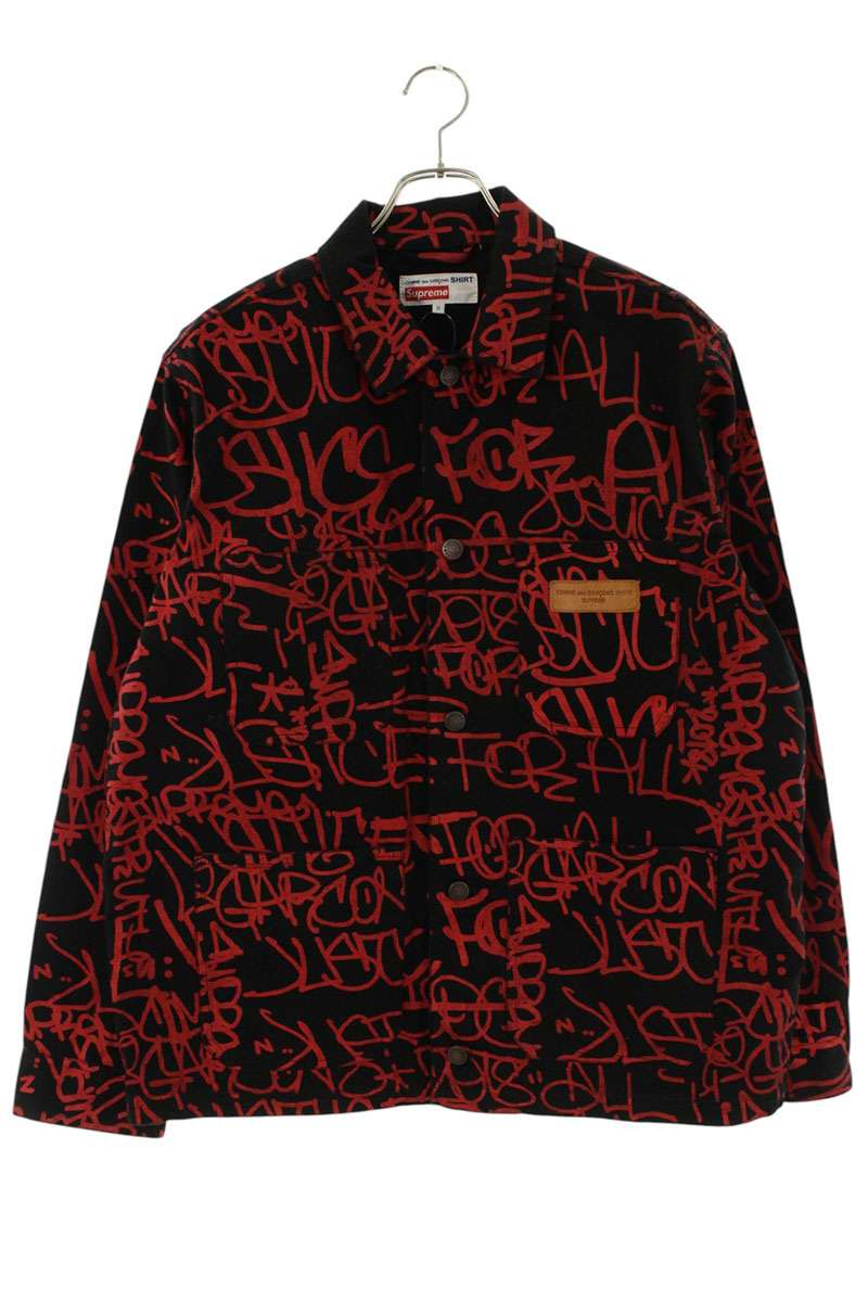 シュプリーム SUPREME ×コムデギャルソンシャツ COMME des GARCONS SHIRT サイズ:M 18AW Painted Canvas Chore Coat ペイントチョアデニムジャケット(ブラック×レッド)【116062】【OM10】【メンズ】【中古】bb212#rinkan*S|RINKAN