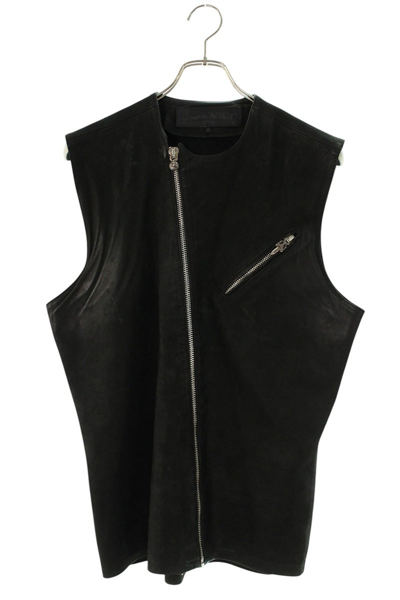 クロムハーツ Chrome Hearts 大きさ:L ジップアップレザーベスト(黒いこと×しろがね色)【116062】【聞き入れる15】【メンズ】【中古】bb297#rinkan*B