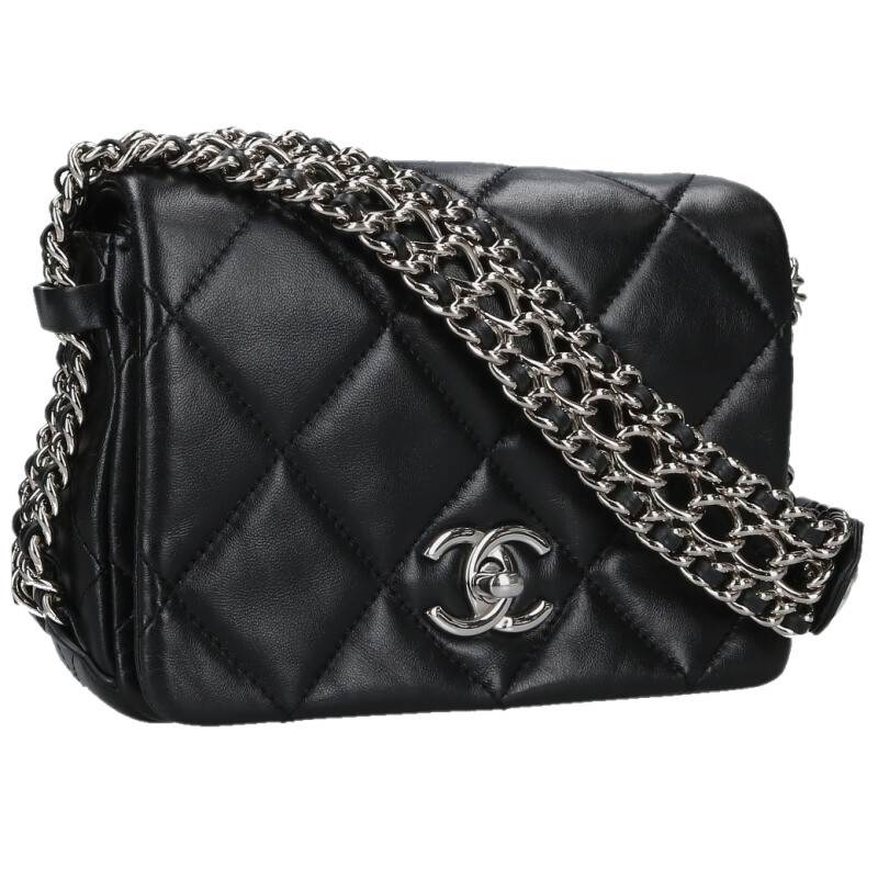 シャネル CHANEL 大きさ:17  ミニマトラッセ 17 カーフスキンチェーンストラップショルダーバッグ(黒いこと×しろがね色)【016062】【SB01】【小物】【中古】bb295#rinkan*B
