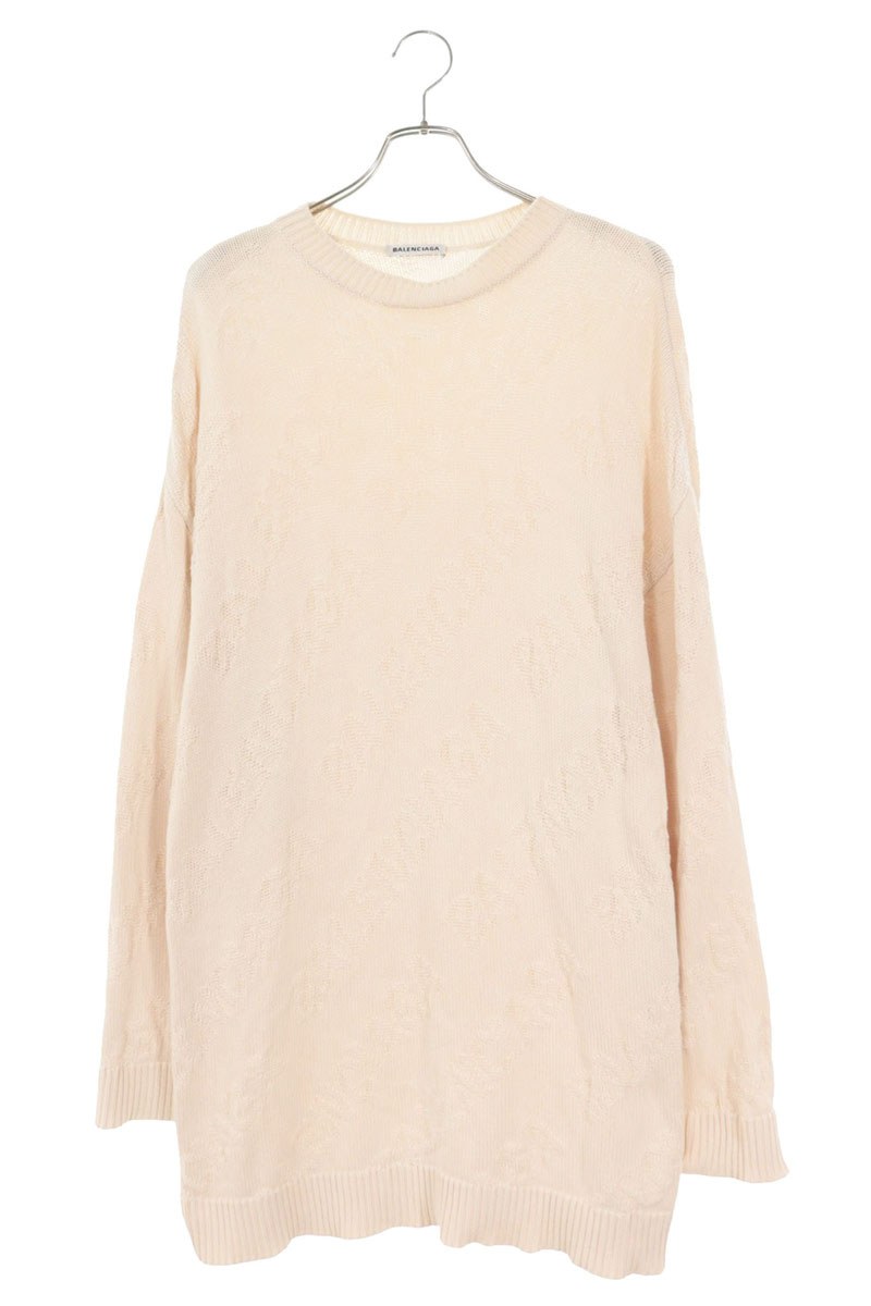 バレンシアガ BALENCIAGA　サイズ:XS 599886 T3166 ロゴ総柄クルーネックニット(ホワイト)【107062】【BS99】【メンズ】【中古】bb419#rinkan*B｜RINKAN