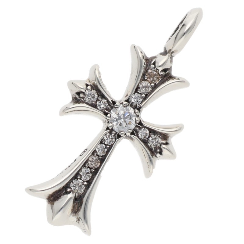クロムハーツ Chrome Hearts　 TNY CRSF P DMND タイニーファットクロス PAVEダイヤ ペンダント シルバーネックレストップ(シルバー&times;クリア 5.66g)【626062】【OS06】【小物】【中古】bb51#rinkan*A｜RINKAN