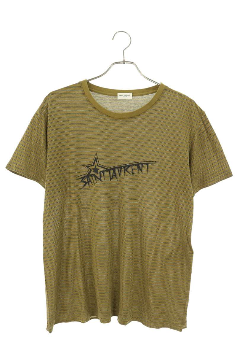 サンローランパリ SAINT LAURENT PARIS サイズ:XL 579056 YBIW2 ロゴプリントボーダーTシャツ(カーキ)【107062】【SS13】【メンズ】【中古】bb187#rinkan*B|RINKAN