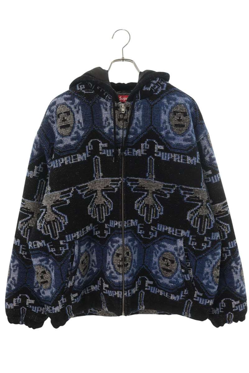 シュプリーム SUPREME　サイズ:L 22AW Woven Hooded Jacket 総柄ウーブンジップアップブルゾン(ブラック&times;ブルー)【407062】【BS99】【メンズ】【中古】bb455#rinkan*B｜RINKAN